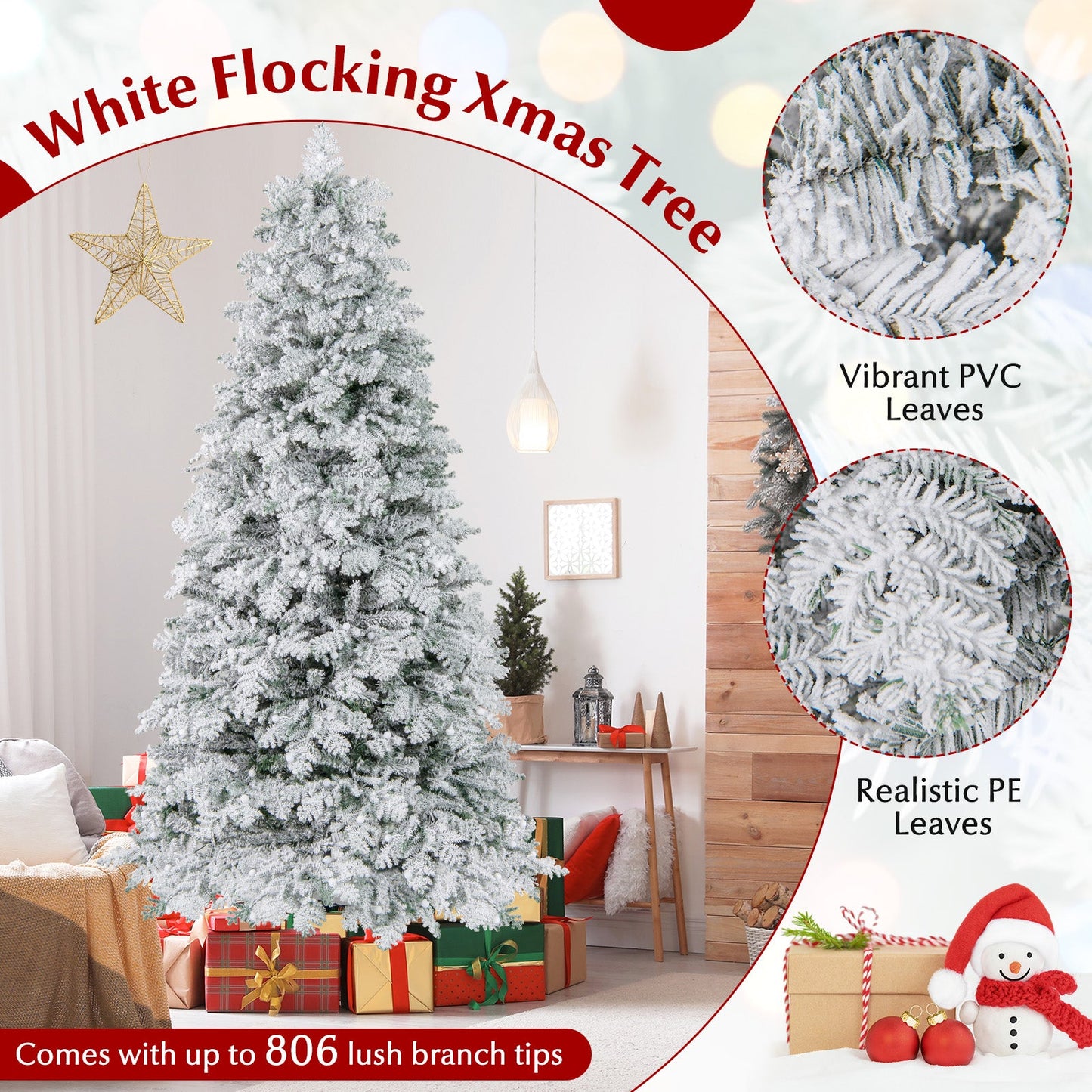 6/7 Feet Artificial Snow-flocked Christmas Tree Pre-lit Hinged Xmas Tree with 130 Twinkle Balls