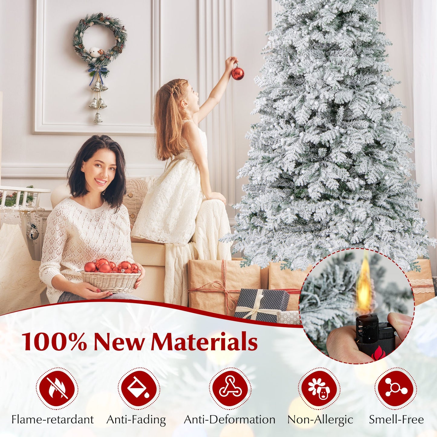 6/7 Feet Artificial Snow-flocked Christmas Tree Pre-lit Hinged Xmas Tree with 130 Twinkle Balls