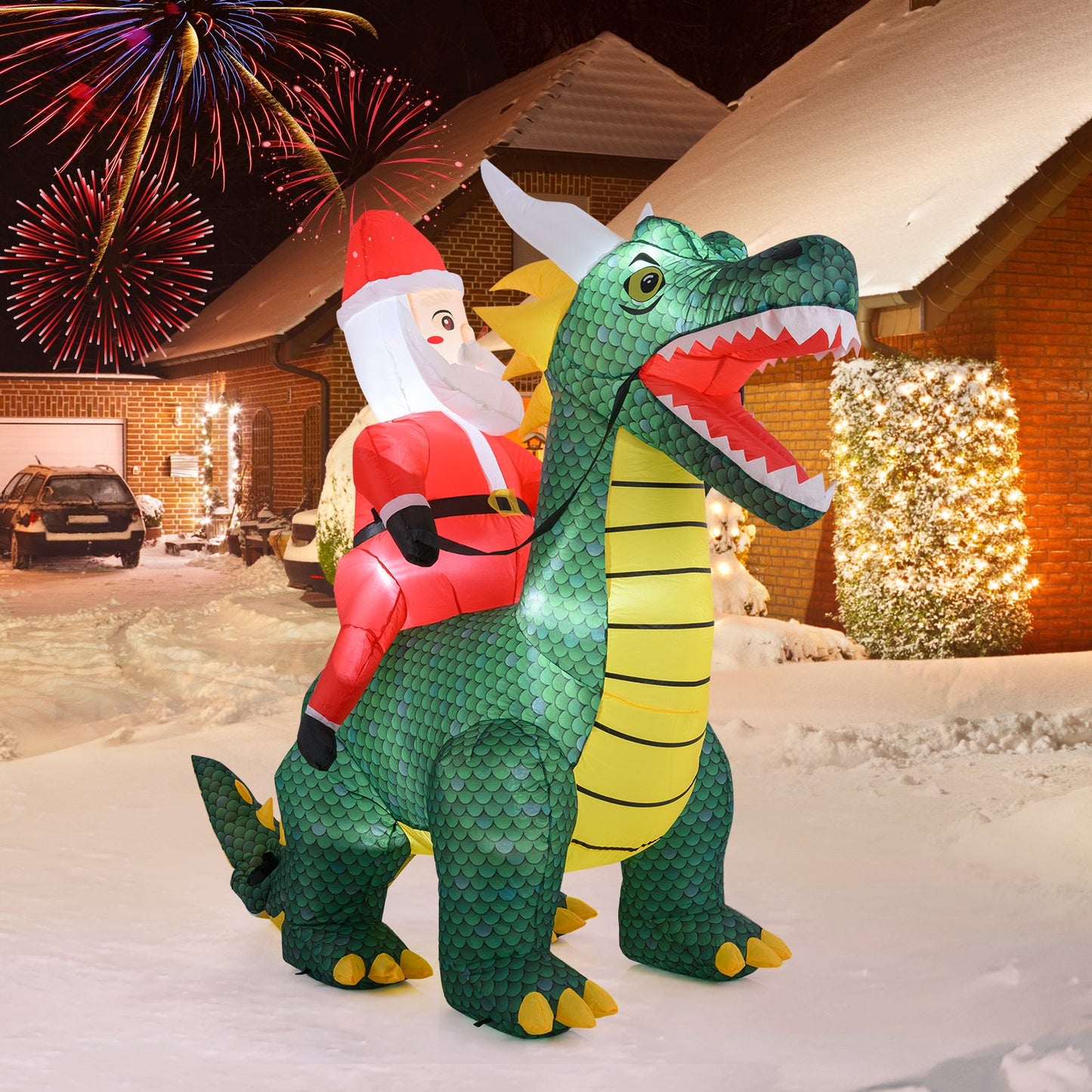 6.7 Feet Christmas Inflatable Santa Claus Ride on Dinosaur with Built-in LED Lights