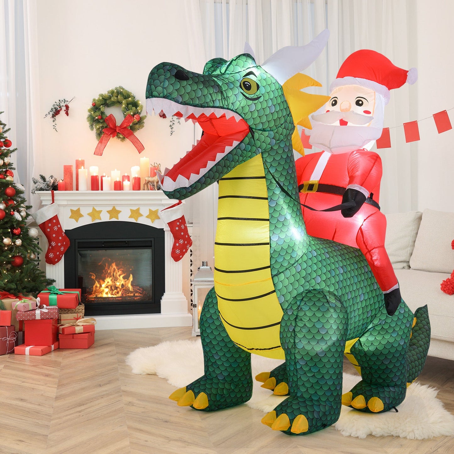 6.7 Feet Christmas Inflatable Santa Claus Ride on Dinosaur with Built-in LED Lights