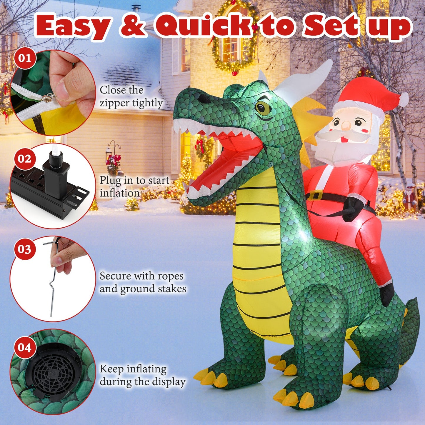6.7 Feet Christmas Inflatable Santa Claus Ride on Dinosaur with Built-in LED Lights