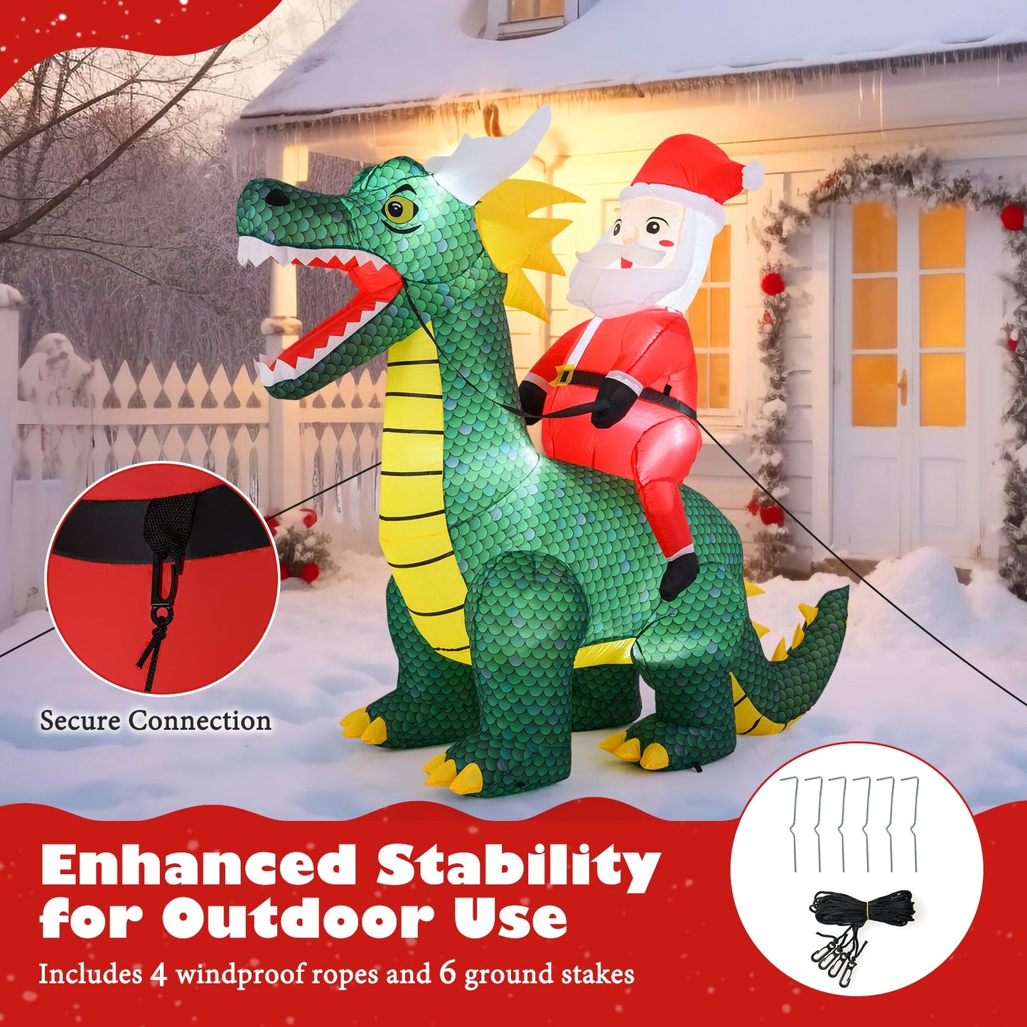 6.7 Feet Christmas Inflatable Santa Claus Ride on Dinosaur with Built-in LED Lights