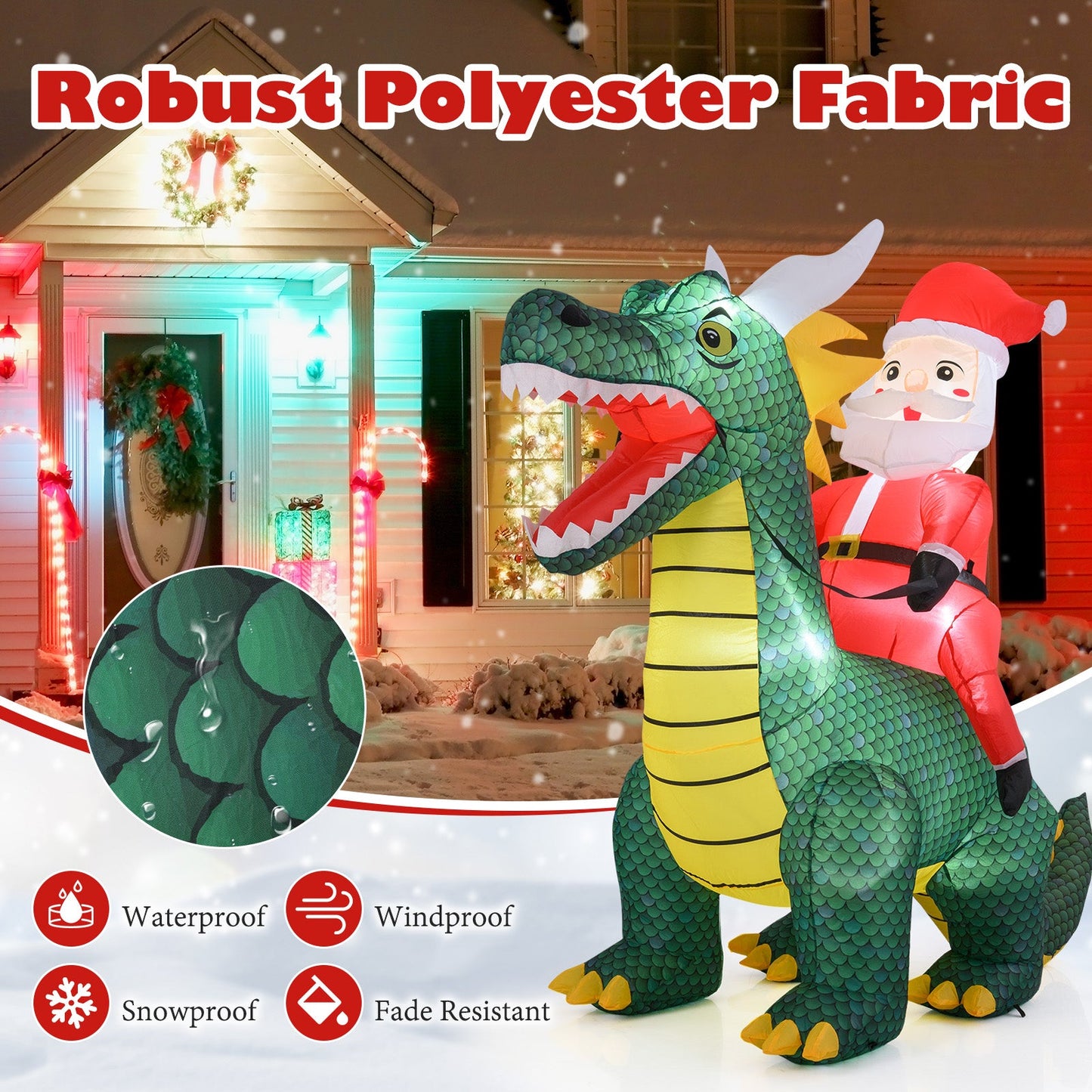 6.7 Feet Christmas Inflatable Santa Claus Ride on Dinosaur with Built-in LED Lights