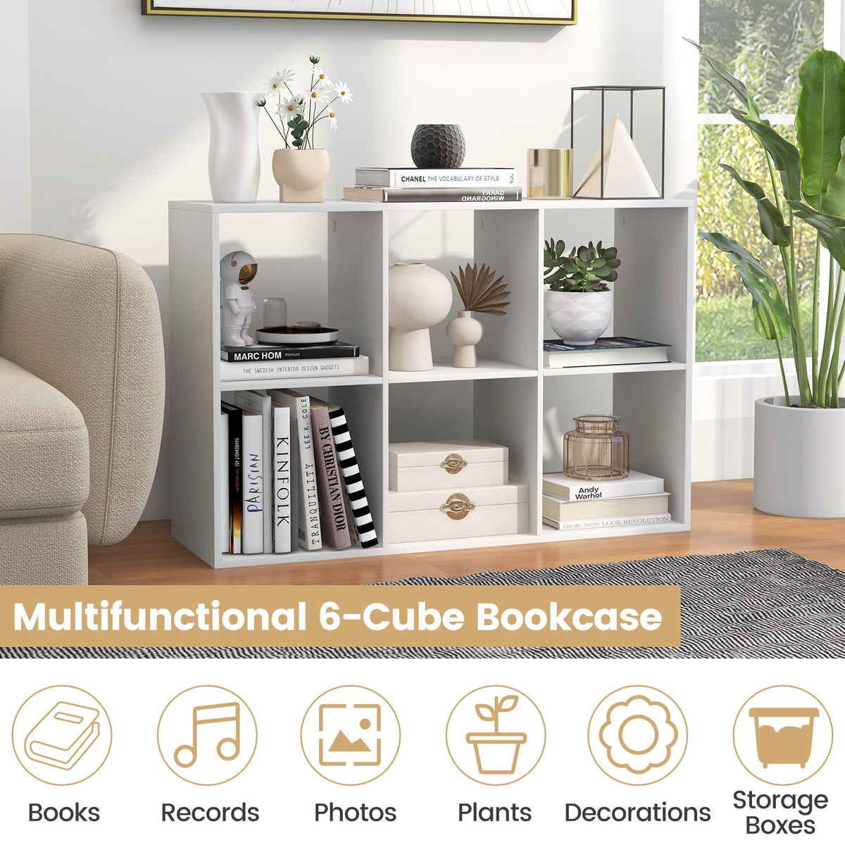 6 Cube Bookshelf with Back Guardrail for Living Room Bedroom