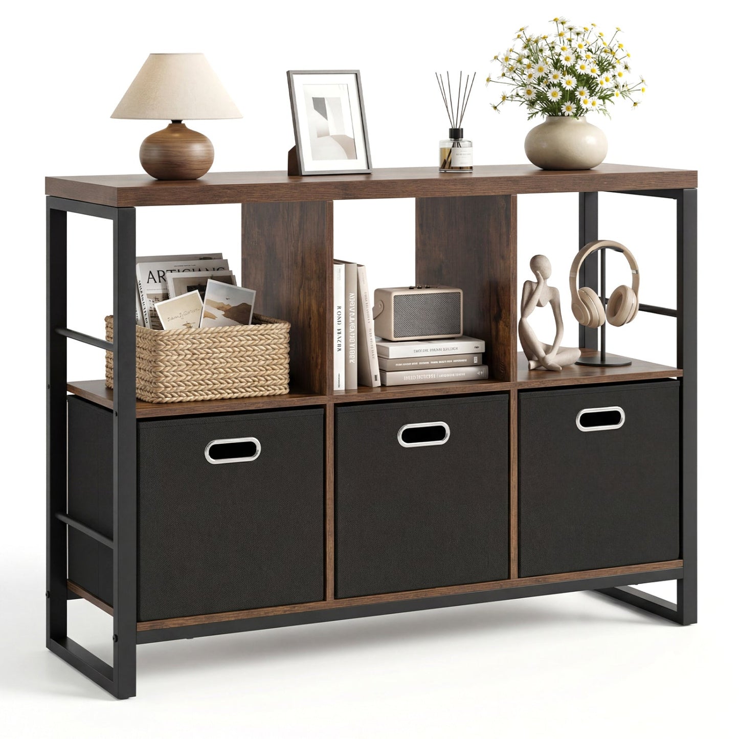 6-Cube Industrial Bookshelf with Storage Bins & Metal Frame
