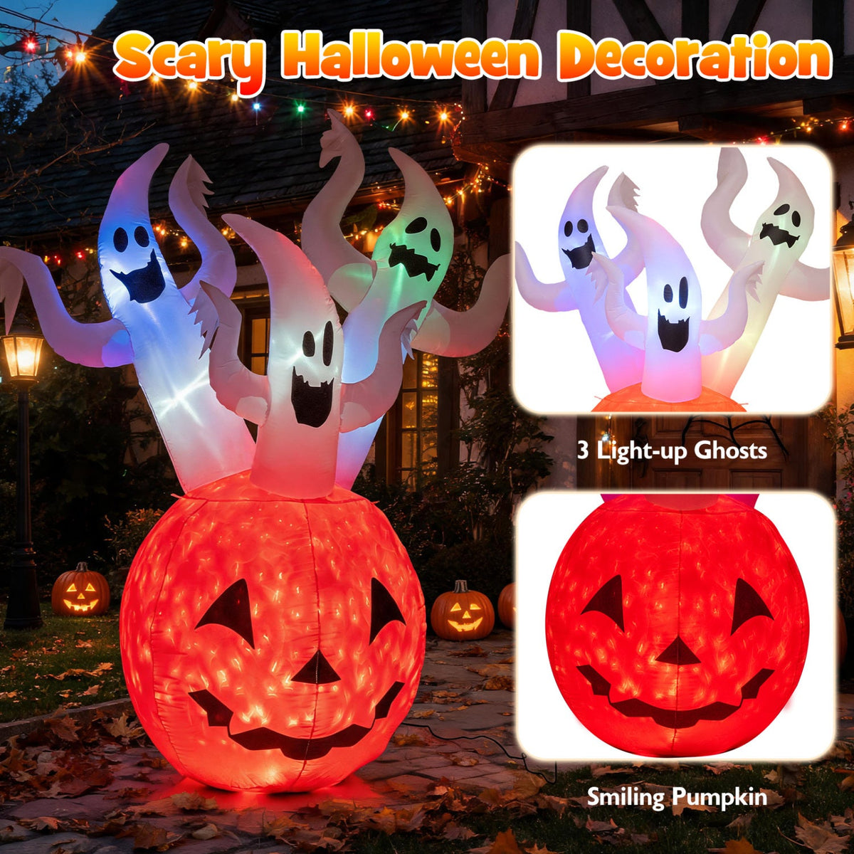 6 FT Inflatable Ghost Pumpkin with Colorful LED Lights