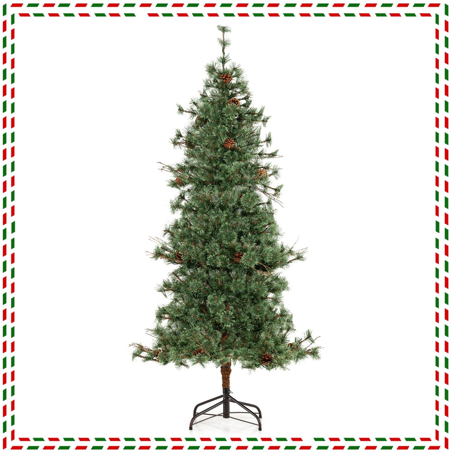 6/7/8 Feet Artificial Christmas Tree Pre-lit Hinged Xmas Tree with Warm White LED Lights and Pine Cones