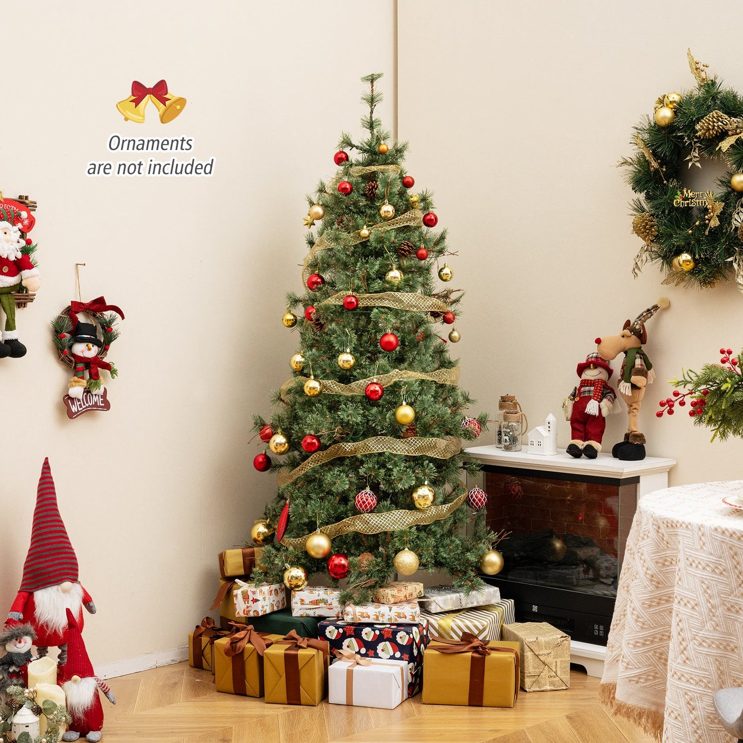 6/7/8 Feet Artificial Christmas Tree Pre-lit Hinged Xmas Tree with Warm White LED Lights and Pine Cones
