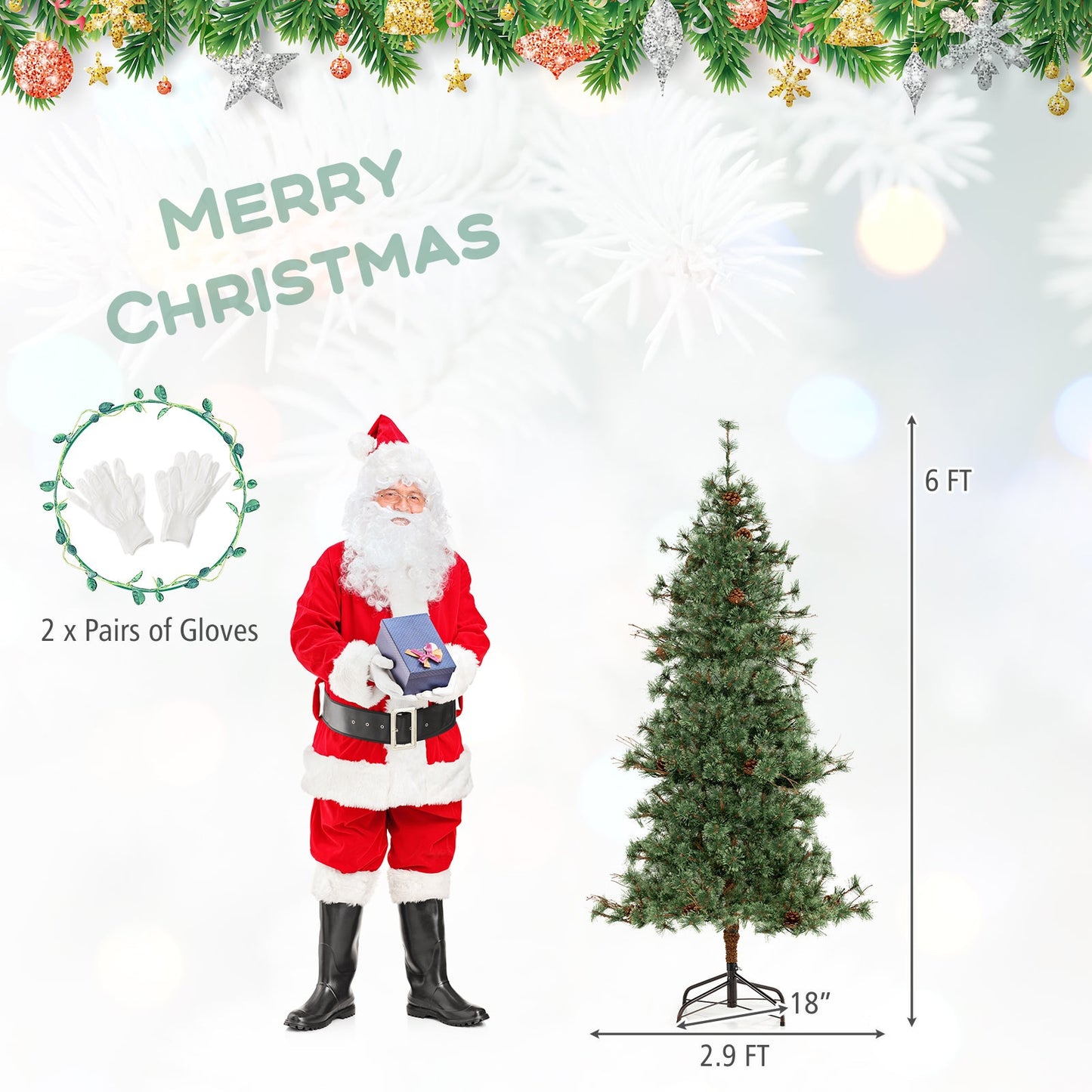 6/7/8 Feet Artificial Christmas Tree Pre-lit Hinged Xmas Tree with Warm White LED Lights and Pine Cones