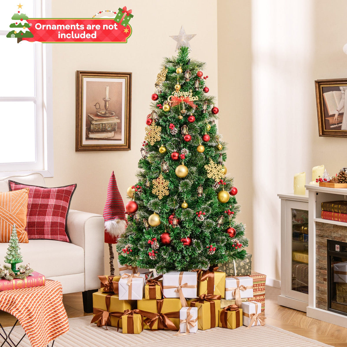 5/6/7 Feet Artificial Christmas Tree with Red Berries and Kerosene Lamps