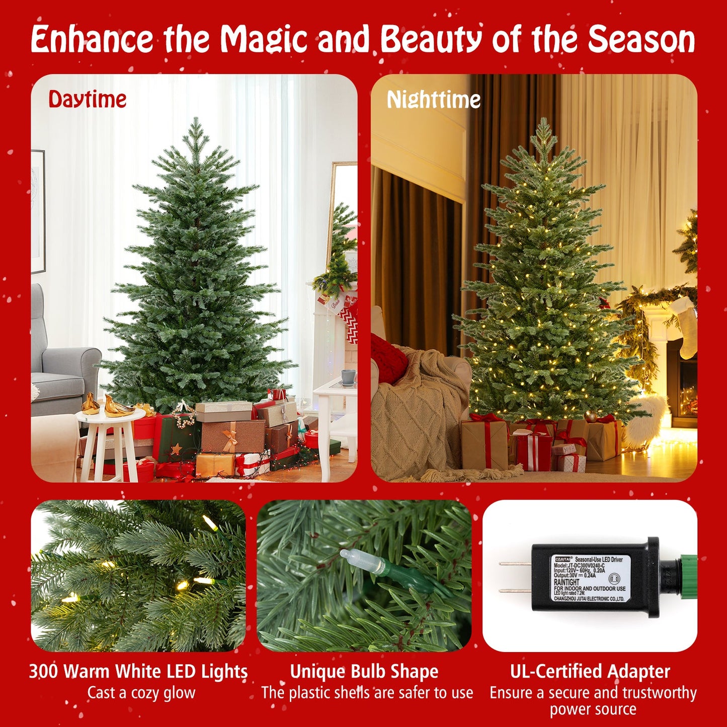 5/6/7 Feet Artificial Christmas Tree with 1426/2116/3156 Lush PVC and 200/300/400 Warm White LED Lights
