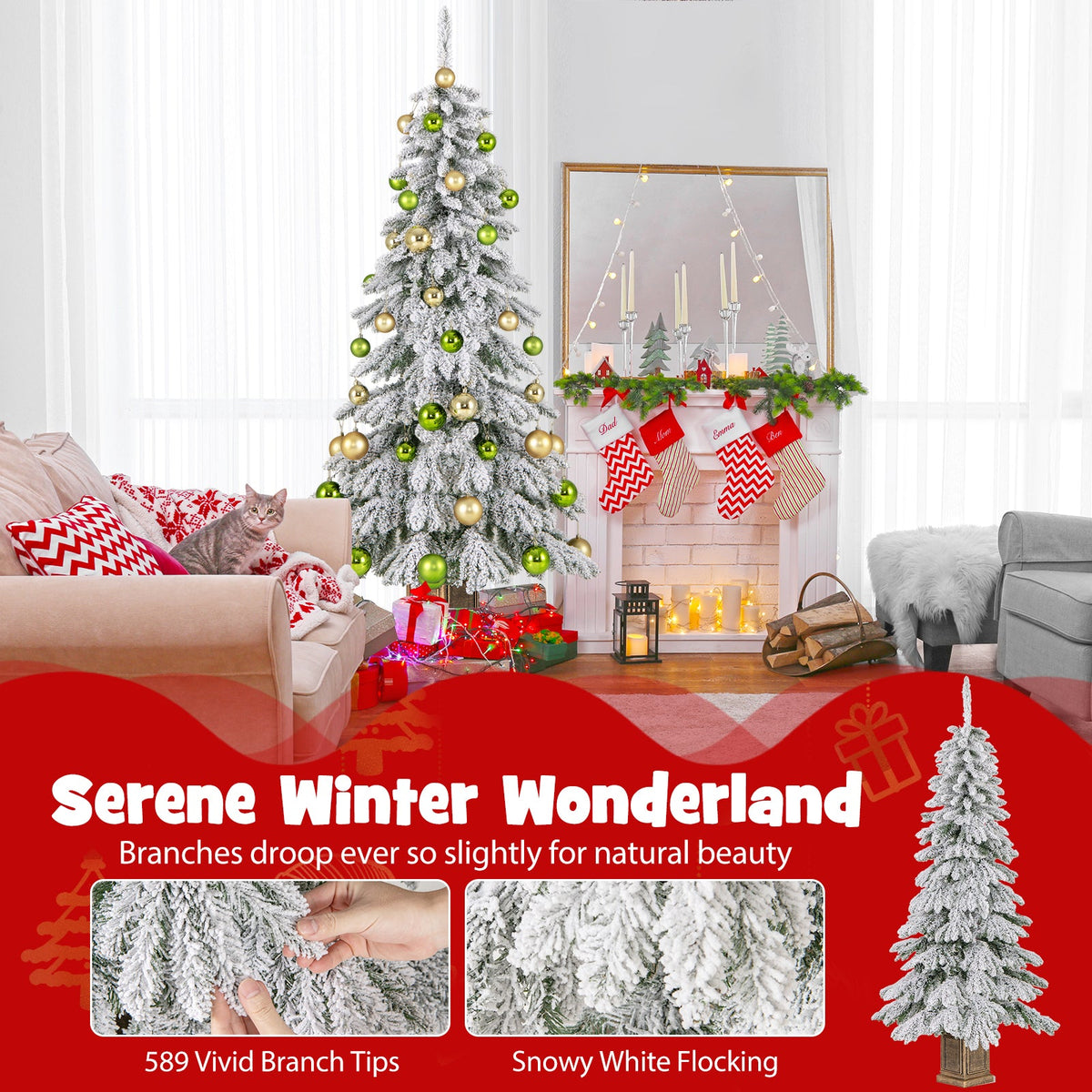 6 Feet Artificial Xmas Tree with 589 Flocked Branch Tips and 48 Xmas Balls
