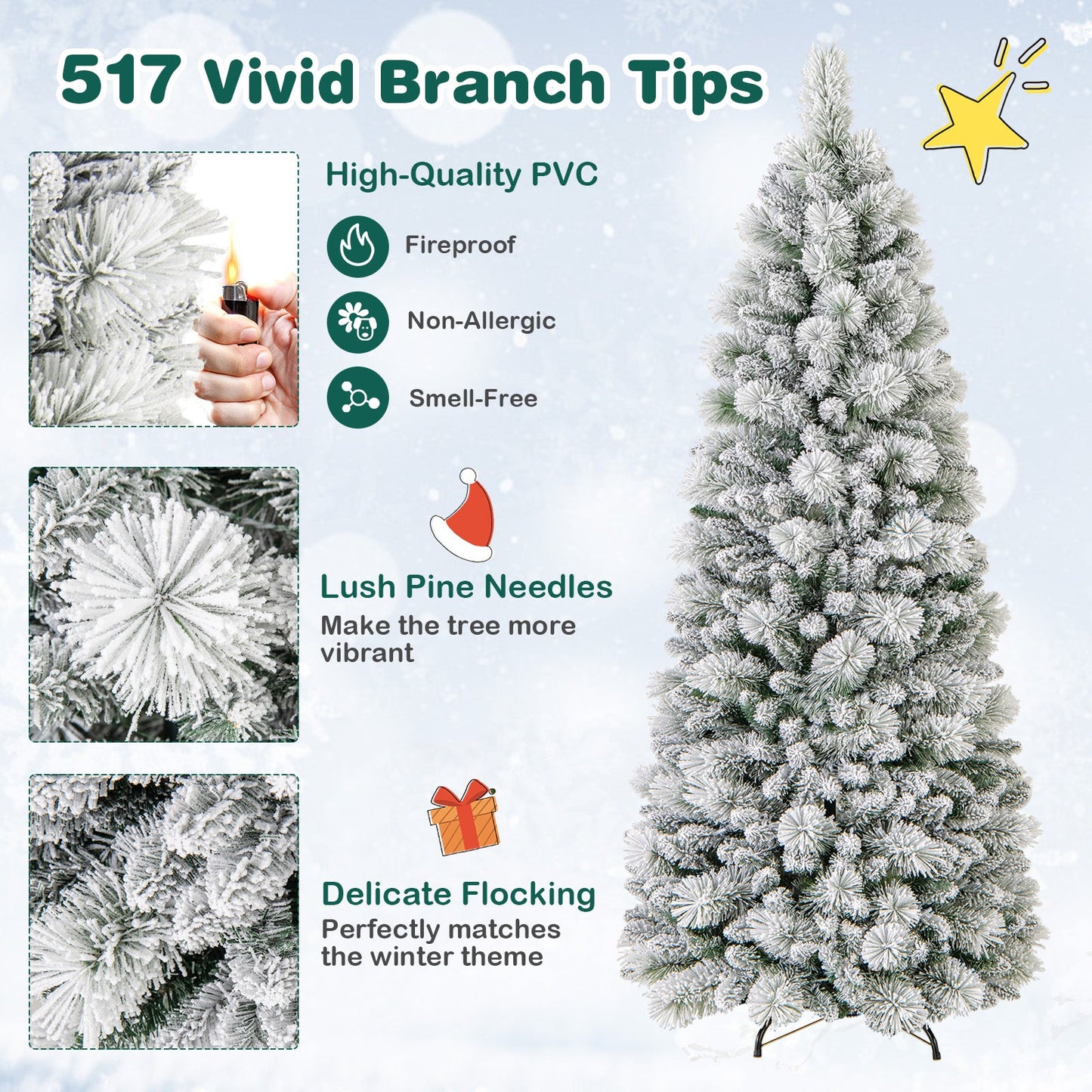 7 Feet Flocked Christmas Tree with Pine Needles and LED Lights