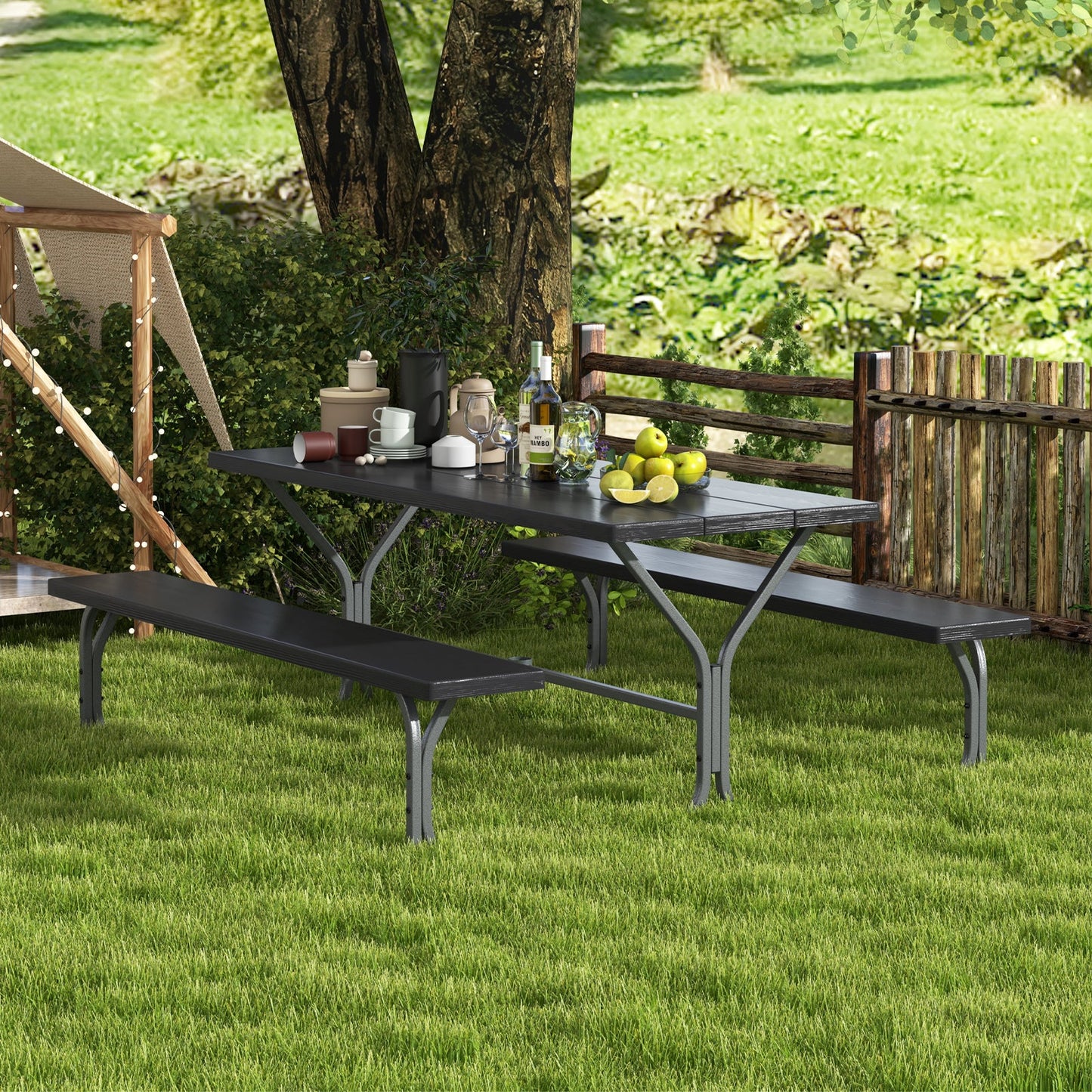 6 Feet Picnic Table Bench Set with HDPE Tabletop for 8 Person-Gray