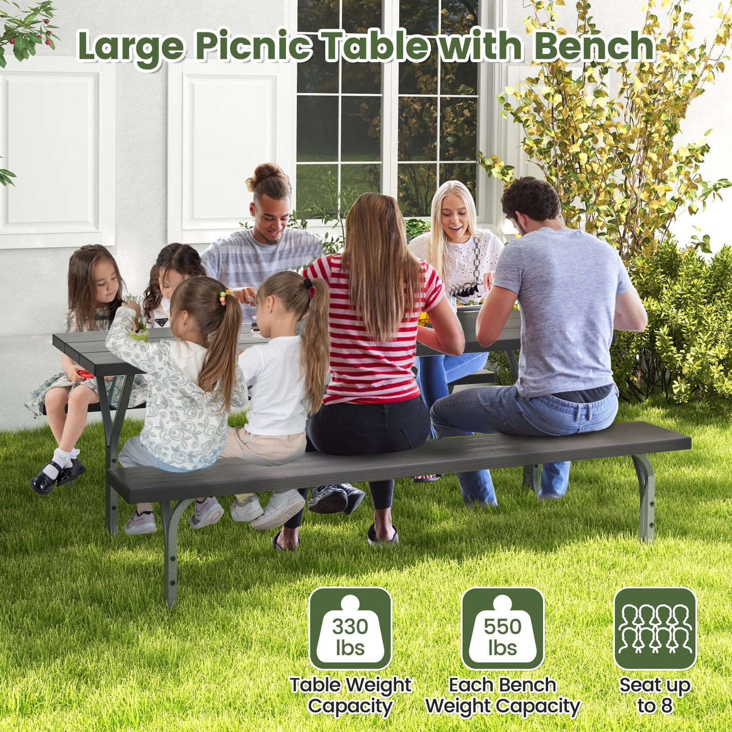 6 Feet Picnic Table Bench Set with HDPE Tabletop for 8 Person-Gray