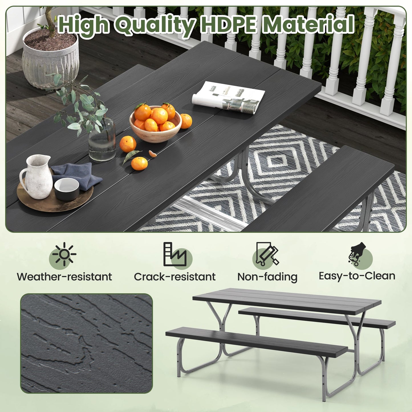 6 Feet Picnic Table Bench Set with HDPE Tabletop for 8 Person-Gray