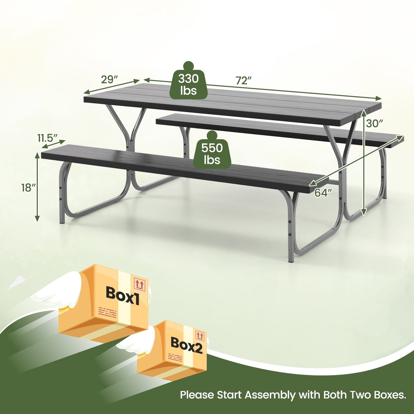 6 Feet Picnic Table Bench Set with HDPE Tabletop for 8 Person-Gray