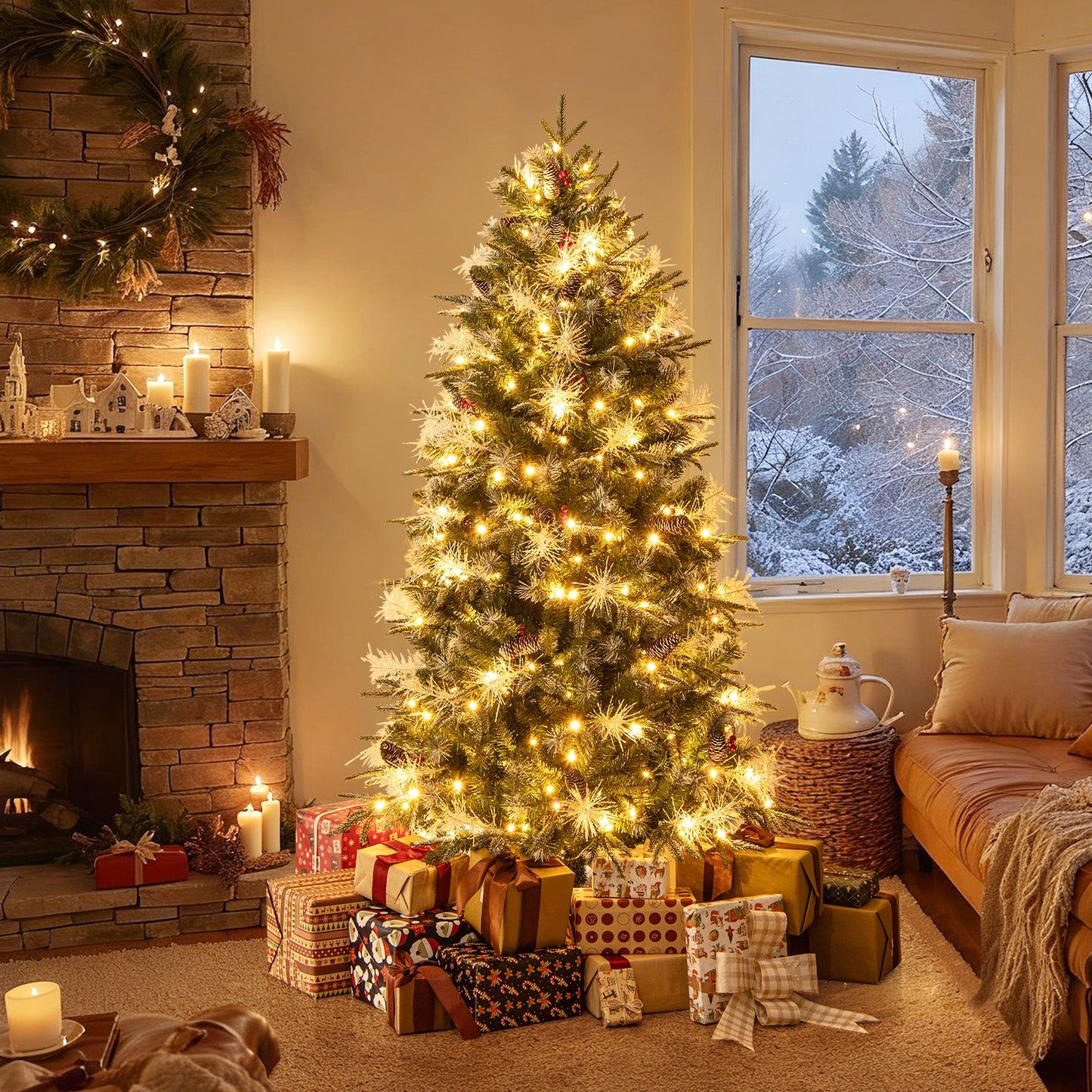 5 Feet Pre-Lit Artificial Christmas Tree with 8 Modes LED Lights with Berries