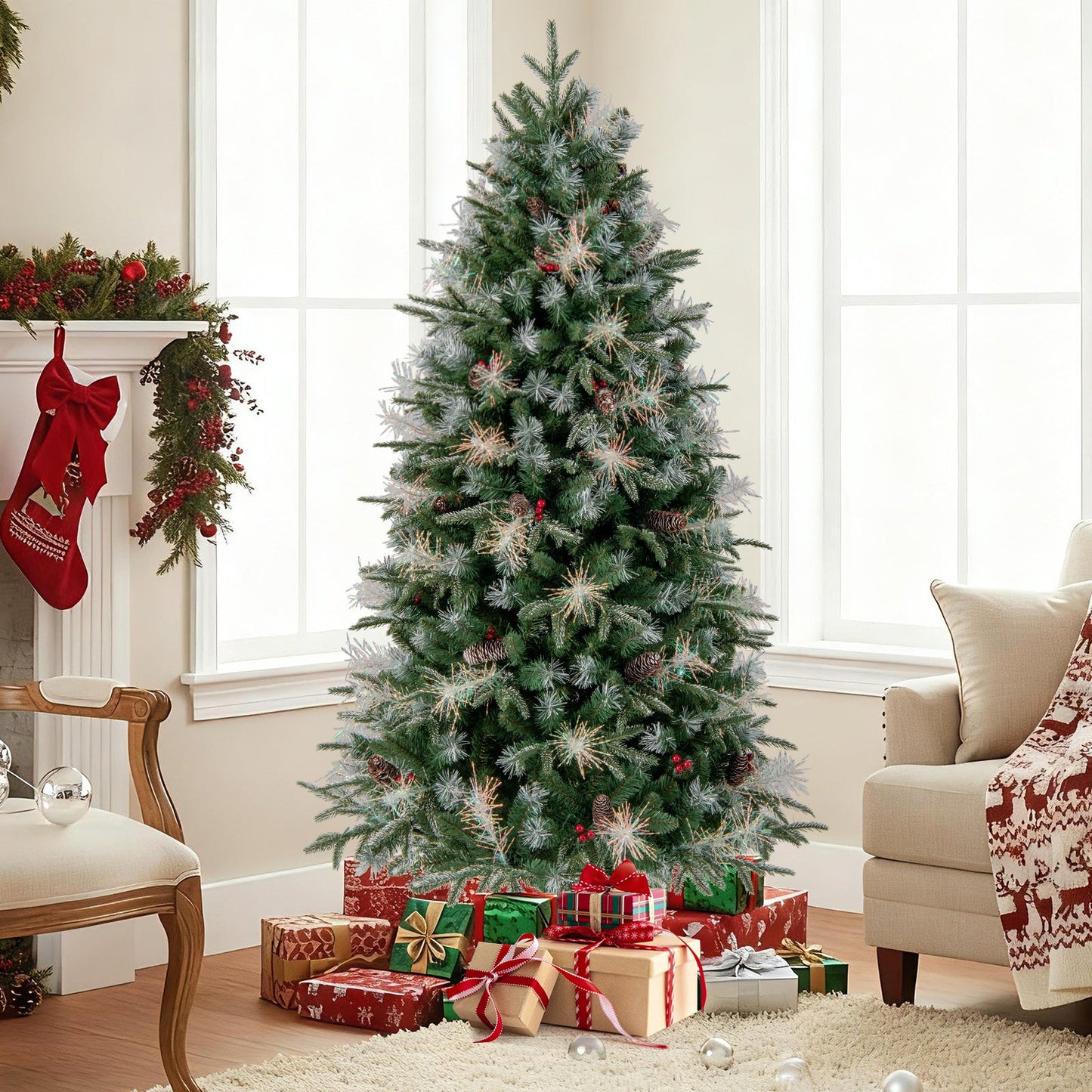 5 Feet Pre-Lit Artificial Christmas Tree with 8 Modes LED Lights with Berries
