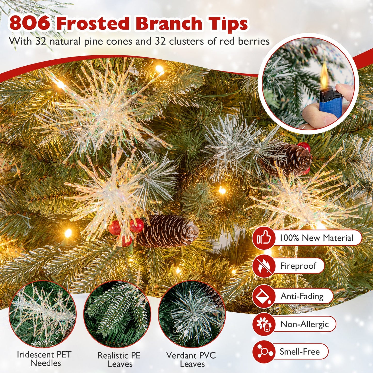 5 Feet Pre-Lit Artificial Christmas Tree with 8 Modes LED Lights with Berries