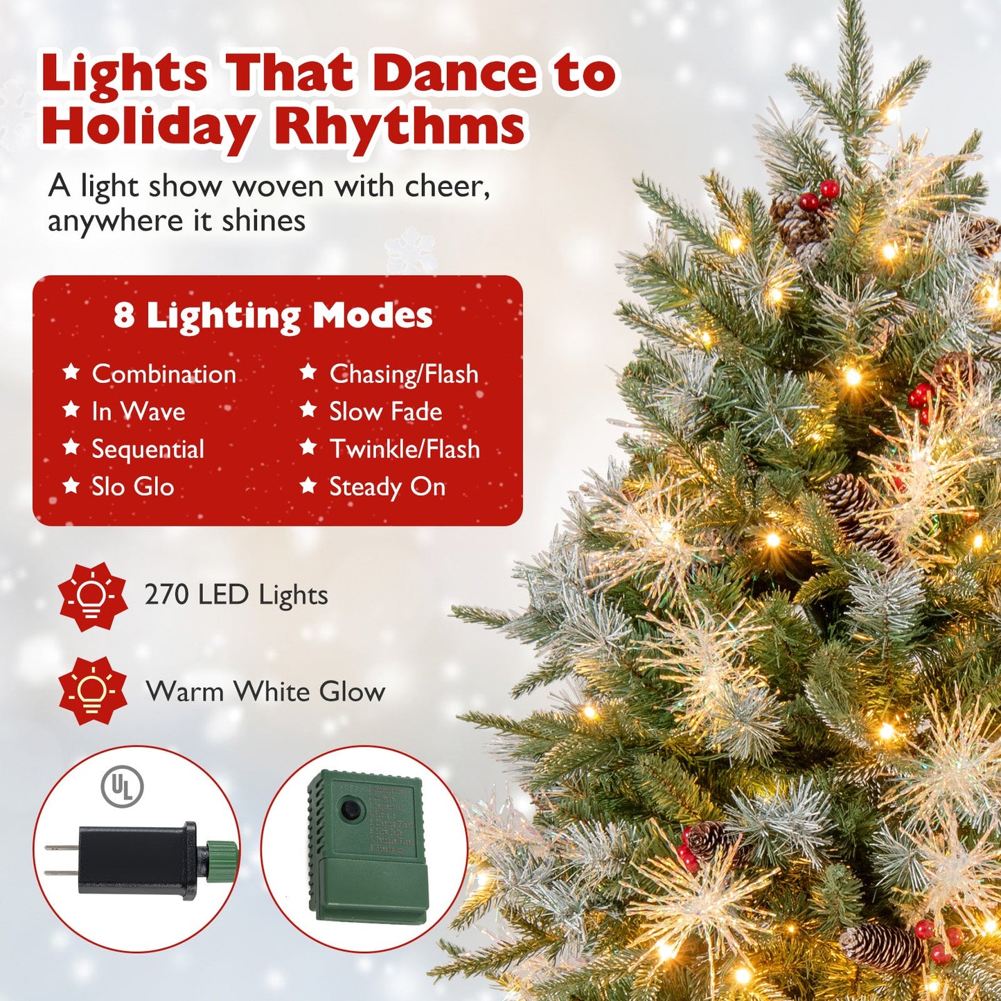 5 Feet Pre-Lit Artificial Christmas Tree with 8 Modes LED Lights with Berries