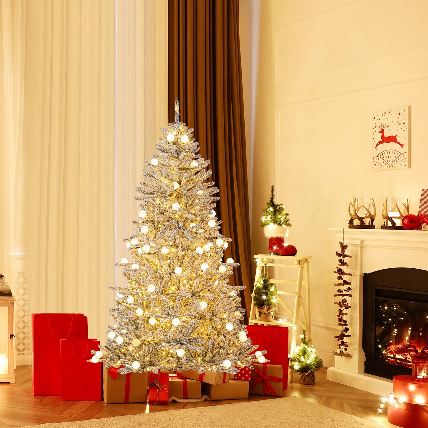 6 Feet Snow-flocked Artificial Christmas Tree Pre-lit Hinged with 81 Sphere Lights and Remote