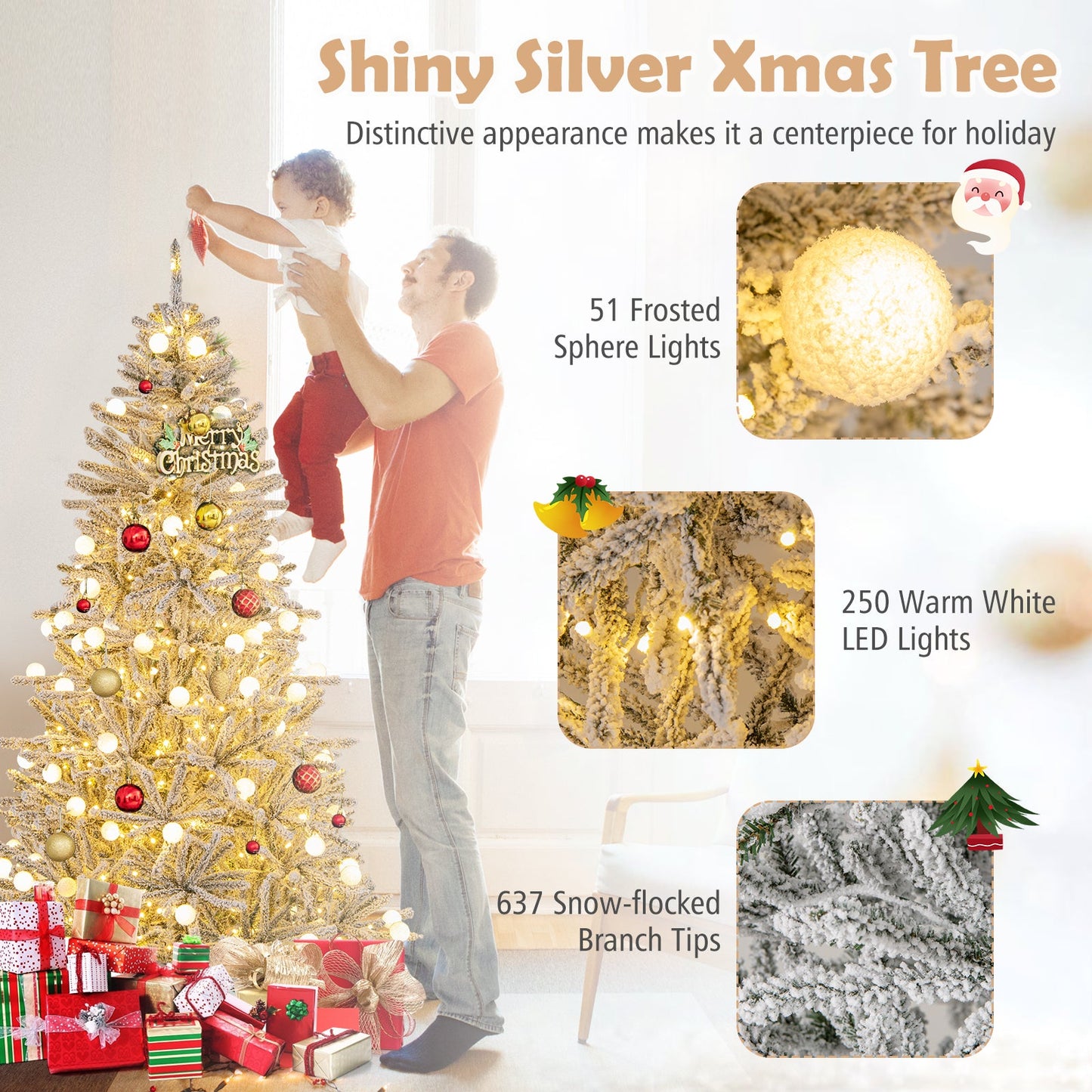 6 Feet Snow-flocked Artificial Christmas Tree Pre-lit Hinged with 81 Sphere Lights and Remote