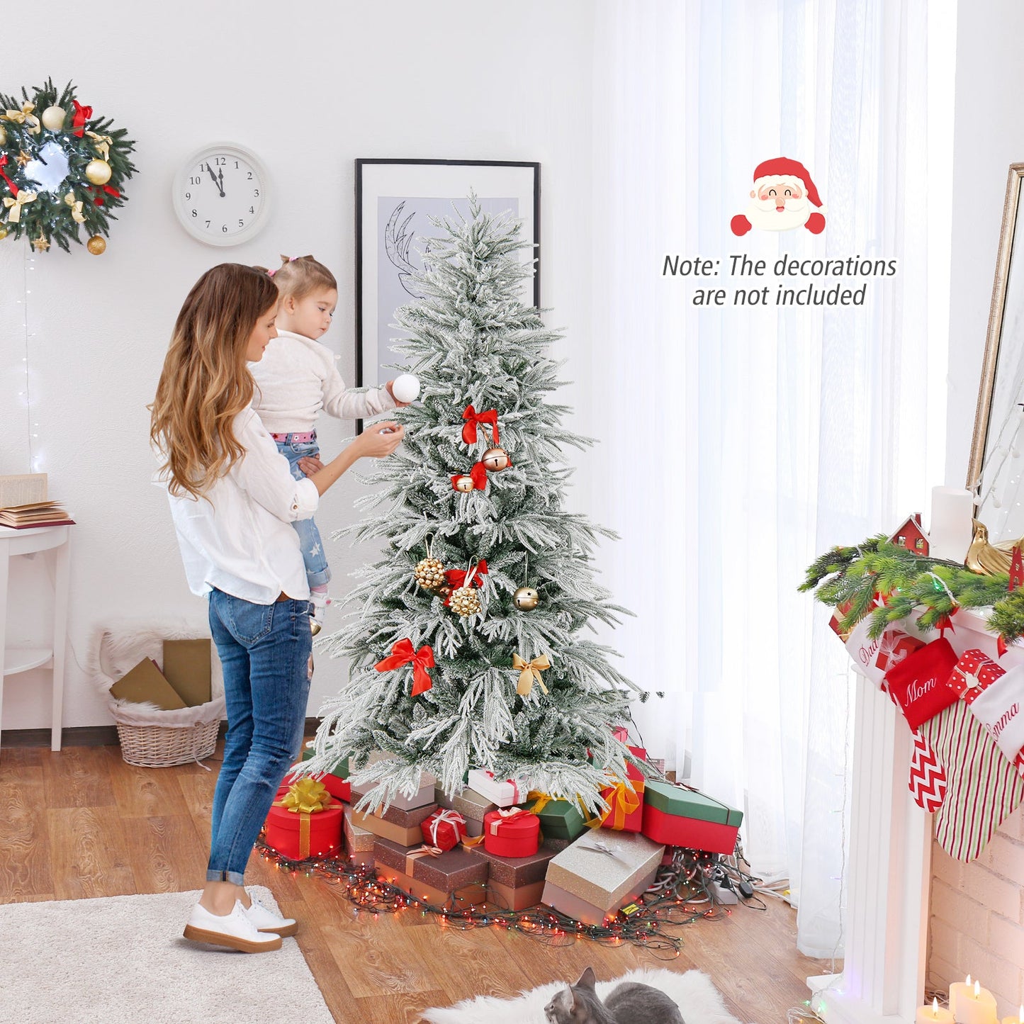 7 Feet Snow-flocked Artificial Christmas Tree Pre-lit Hinged Xmas Tree with Warm White LED Lights