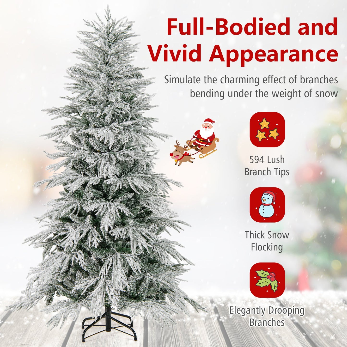 7 Feet Snow-flocked Artificial Christmas Tree Pre-lit Hinged Xmas Tree with Warm White LED Lights