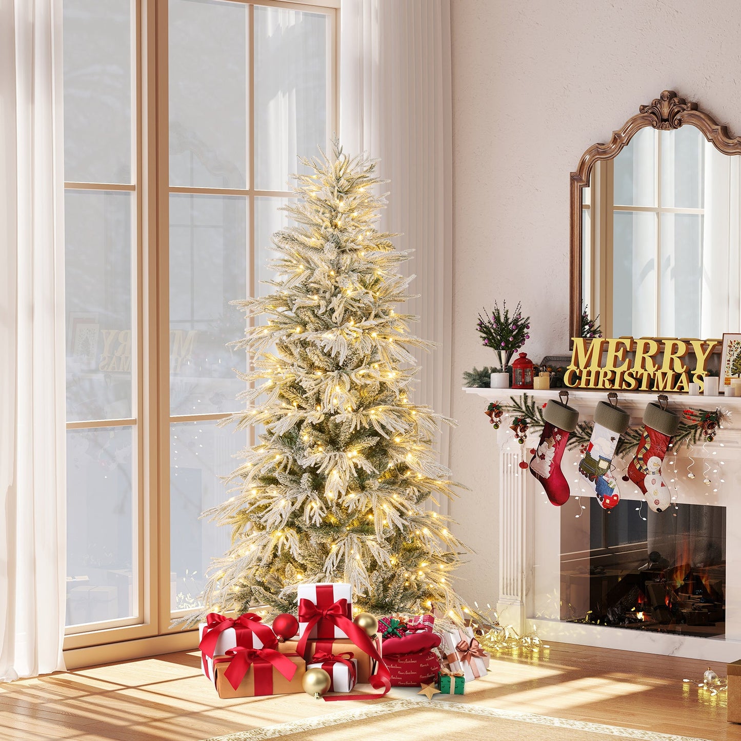 7 Feet Snow-flocked Artificial Christmas Tree Pre-lit Hinged Xmas Tree with Warm White LED Lights
