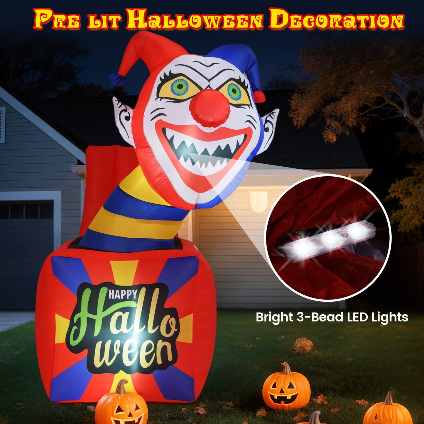 6 Ft Halloween Inflatable Clown with LED Lights for Indoor Outdoor Porch