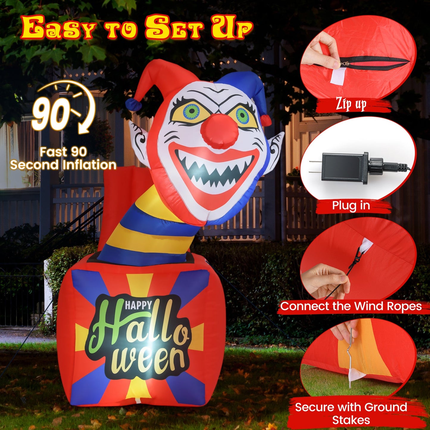 6 Ft Halloween Inflatable Clown with LED Lights for Indoor Outdoor Porch