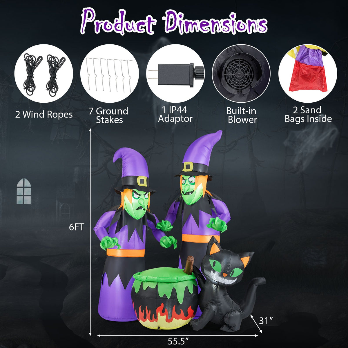 6 Ft Inflatable Halloween Witches with Cauldron & Black Cat