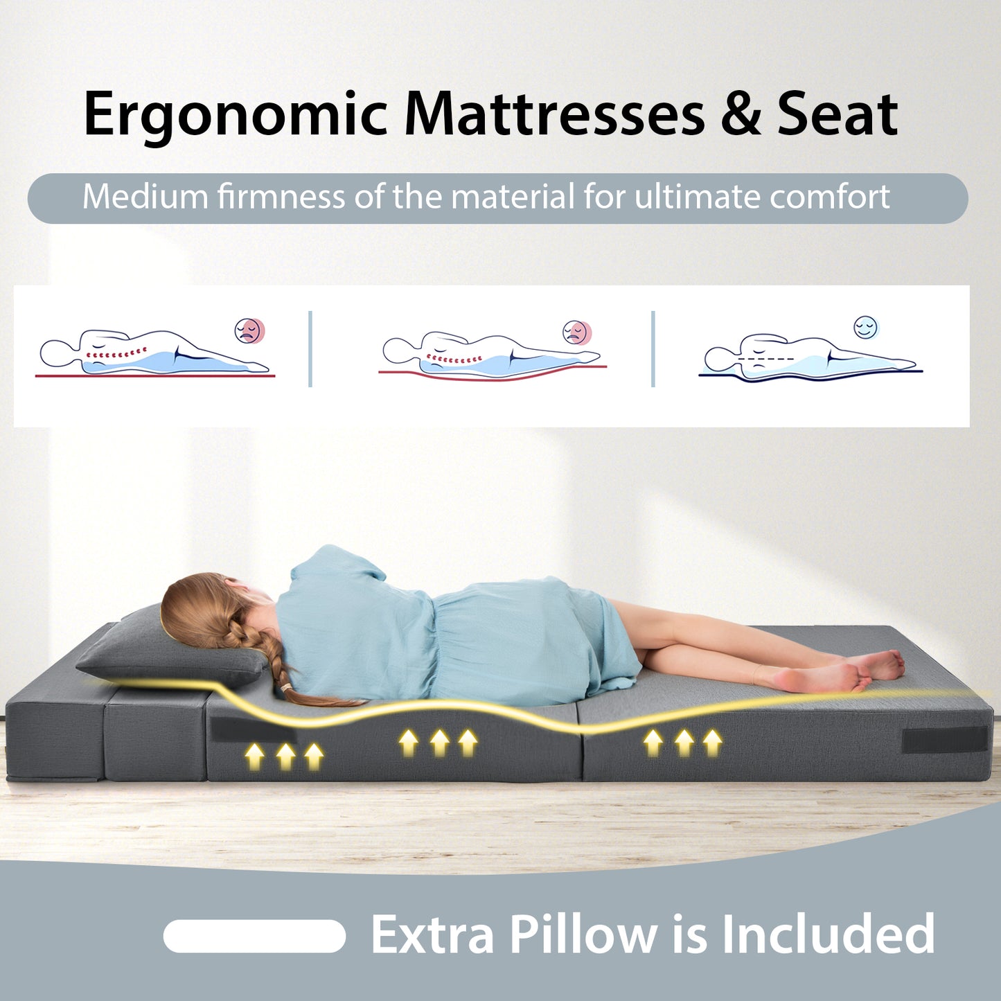 6-Inch Tri-Fold Sofa Bed with Pillow - Convertible Mattress