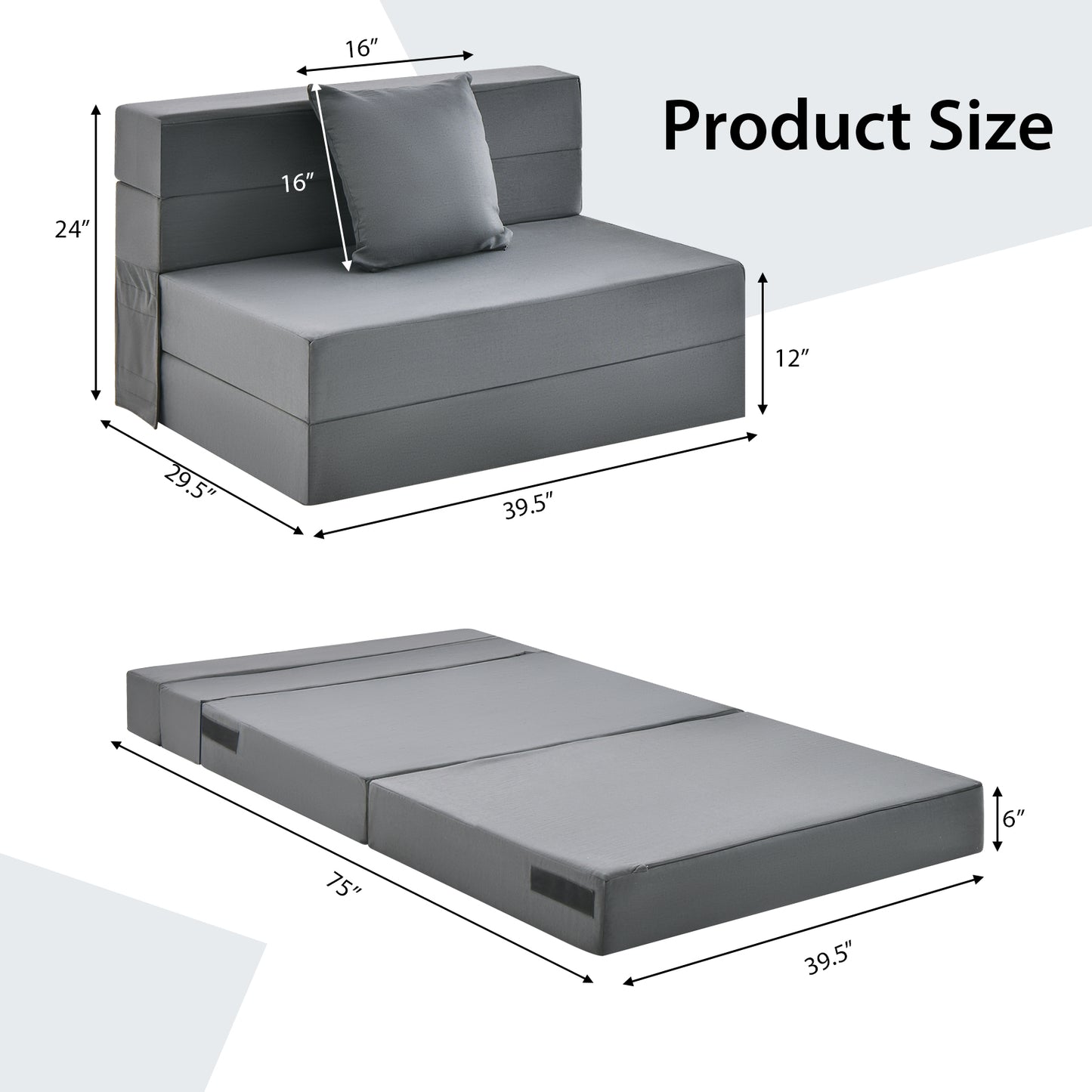 6-Inch Tri-Fold Sofa Bed with Pillow - Convertible Mattress