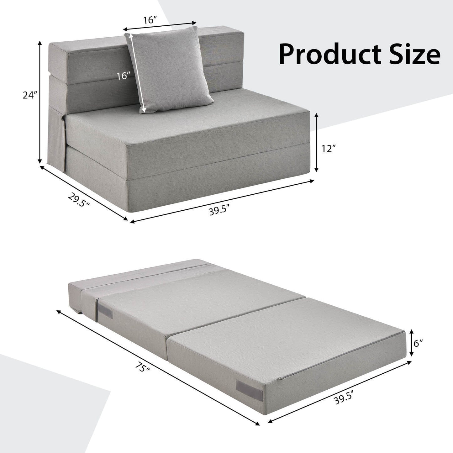 6-Inch Tri-Fold Sofa Bed with Pillow - Convertible Mattress