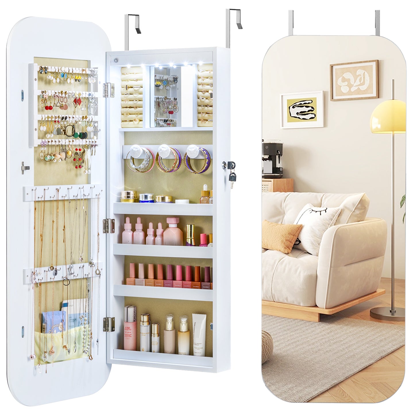 Wall Mounted Jewelry Cabinet with LED Mirror - White