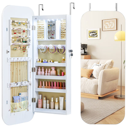 Wall Mounted Jewelry Cabinet with LED Mirror - White