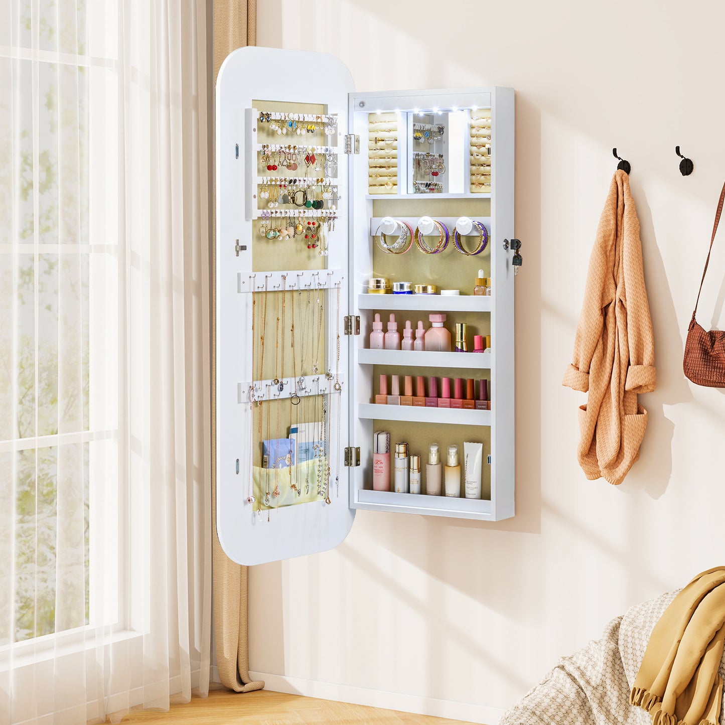 Wall Mounted Jewelry Cabinet with LED Mirror - White