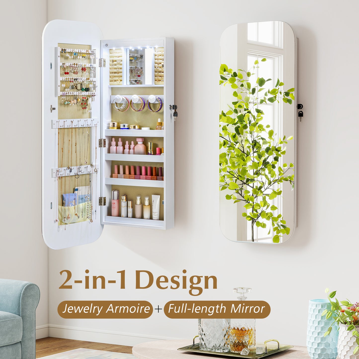Wall Mounted Jewelry Cabinet with LED Mirror - White