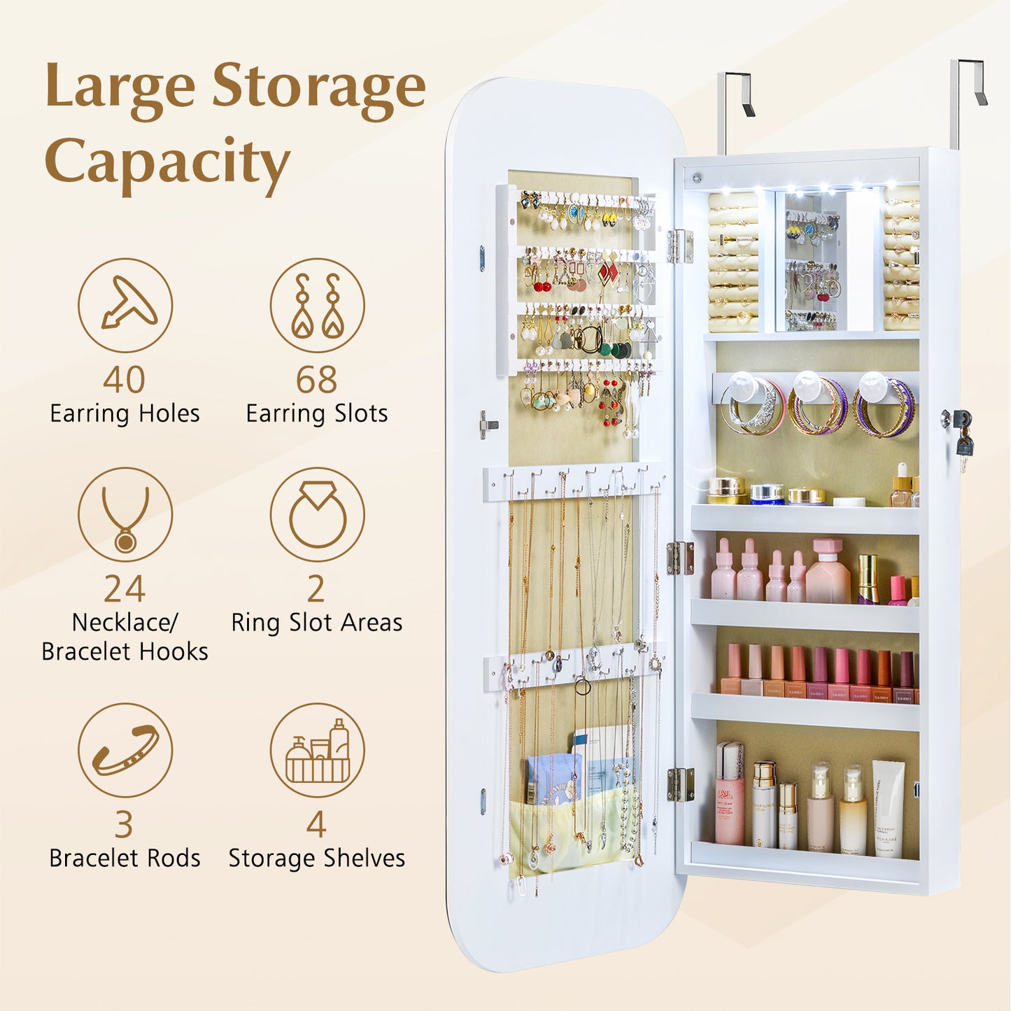 Wall Mounted Jewelry Cabinet with LED Mirror - White