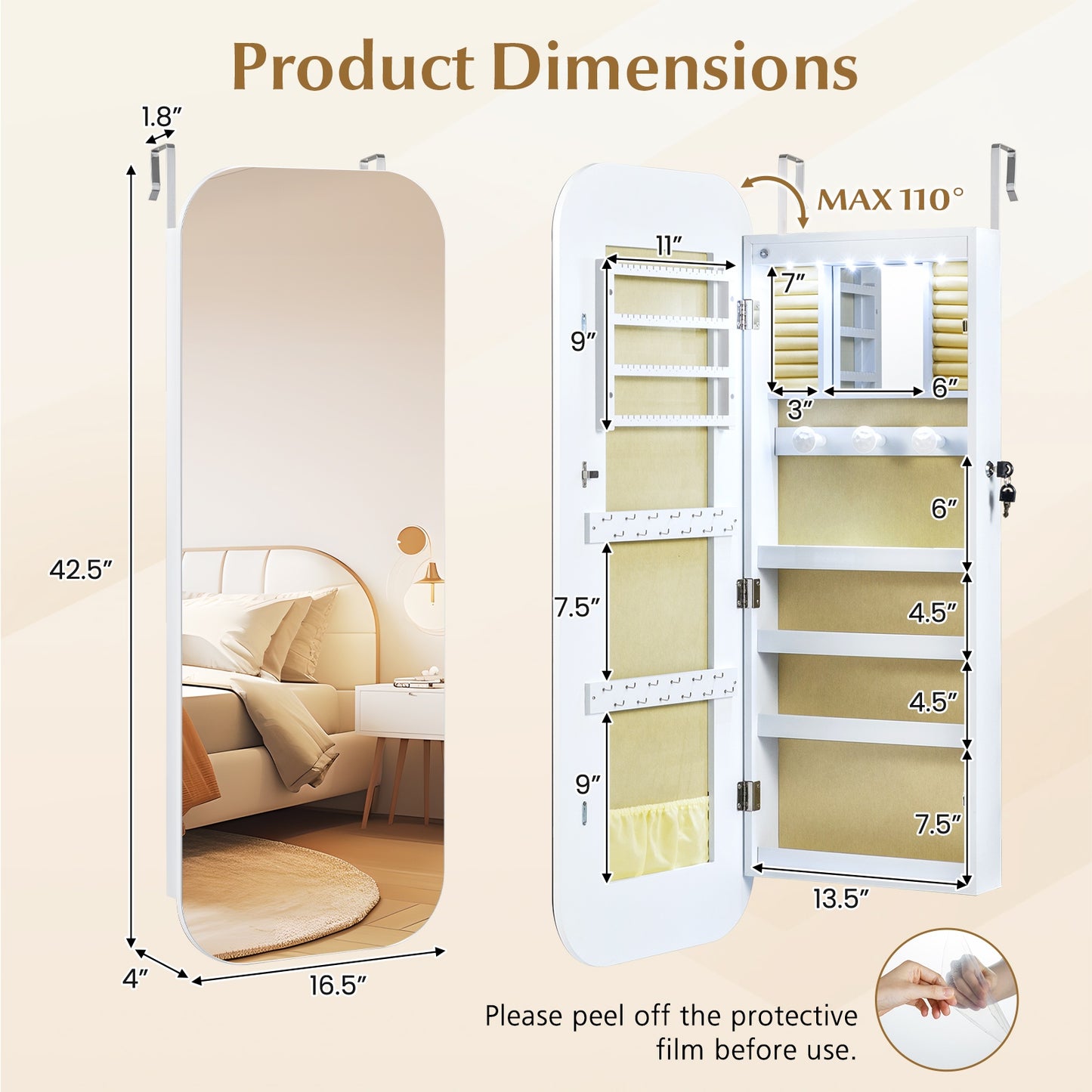 Wall Mounted Jewelry Cabinet with LED Mirror - White