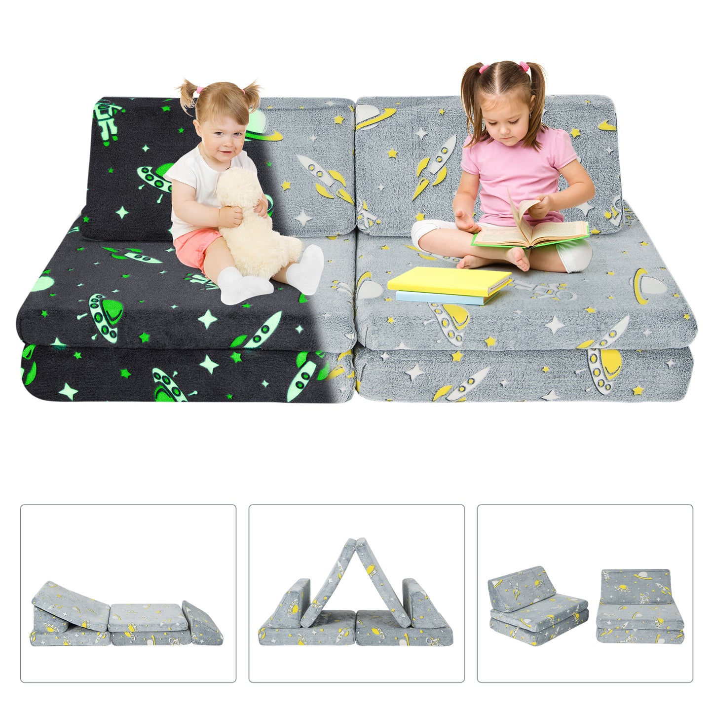 Kids Modular Play Couch 6-Piece Set with Glow-in-Dark Feature