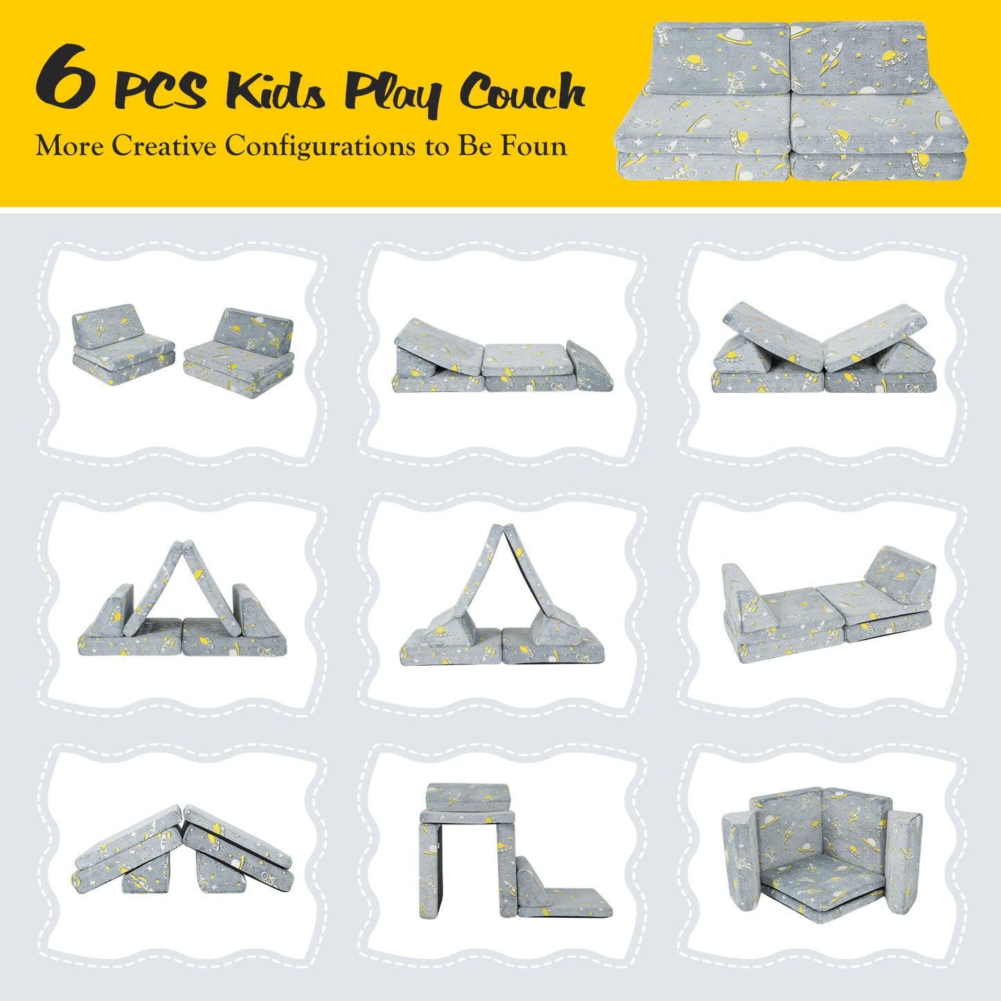 Kids Modular Play Couch 6-Piece Set with Glow-in-Dark Feature