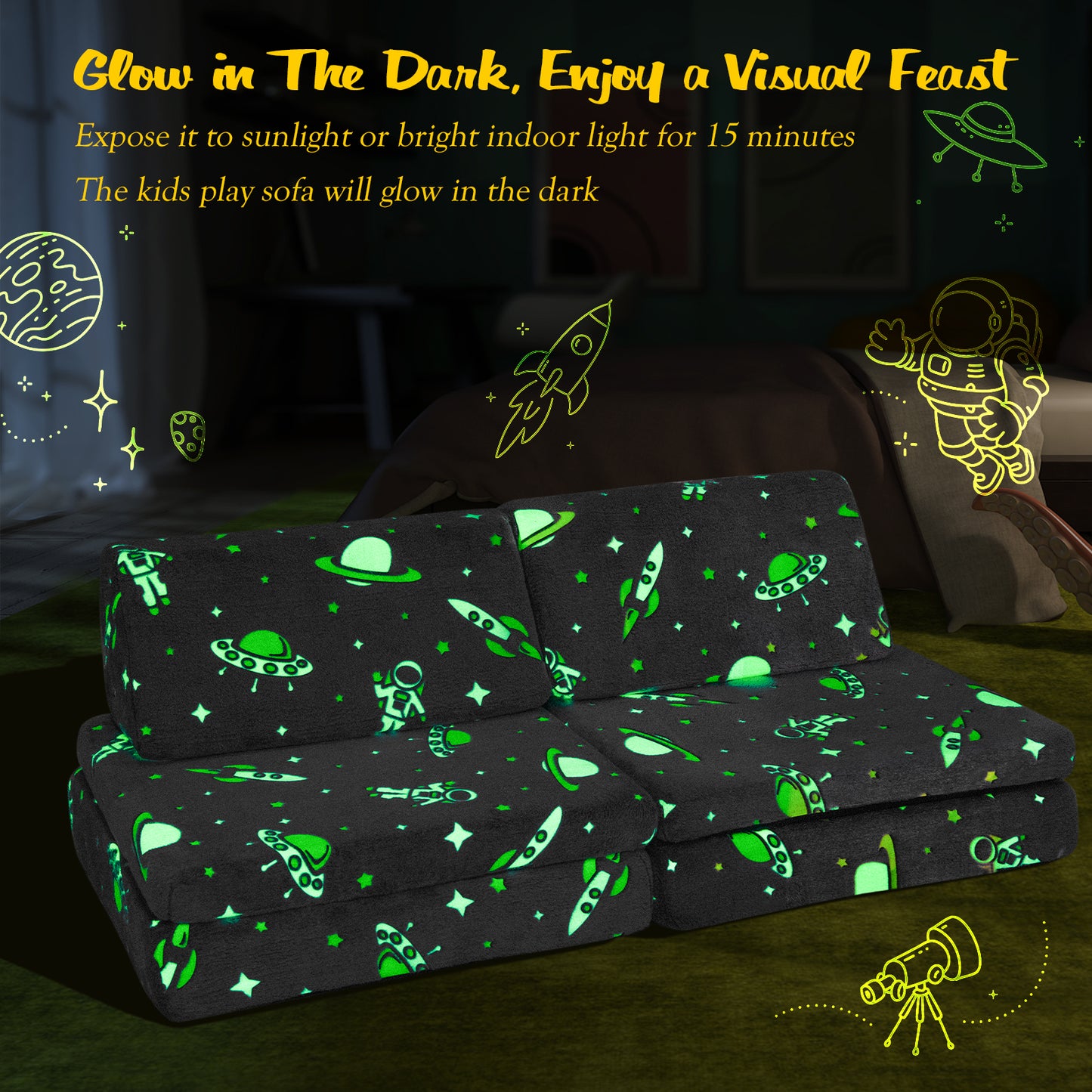 Kids Modular Play Couch 6-Piece Set with Glow-in-Dark Feature