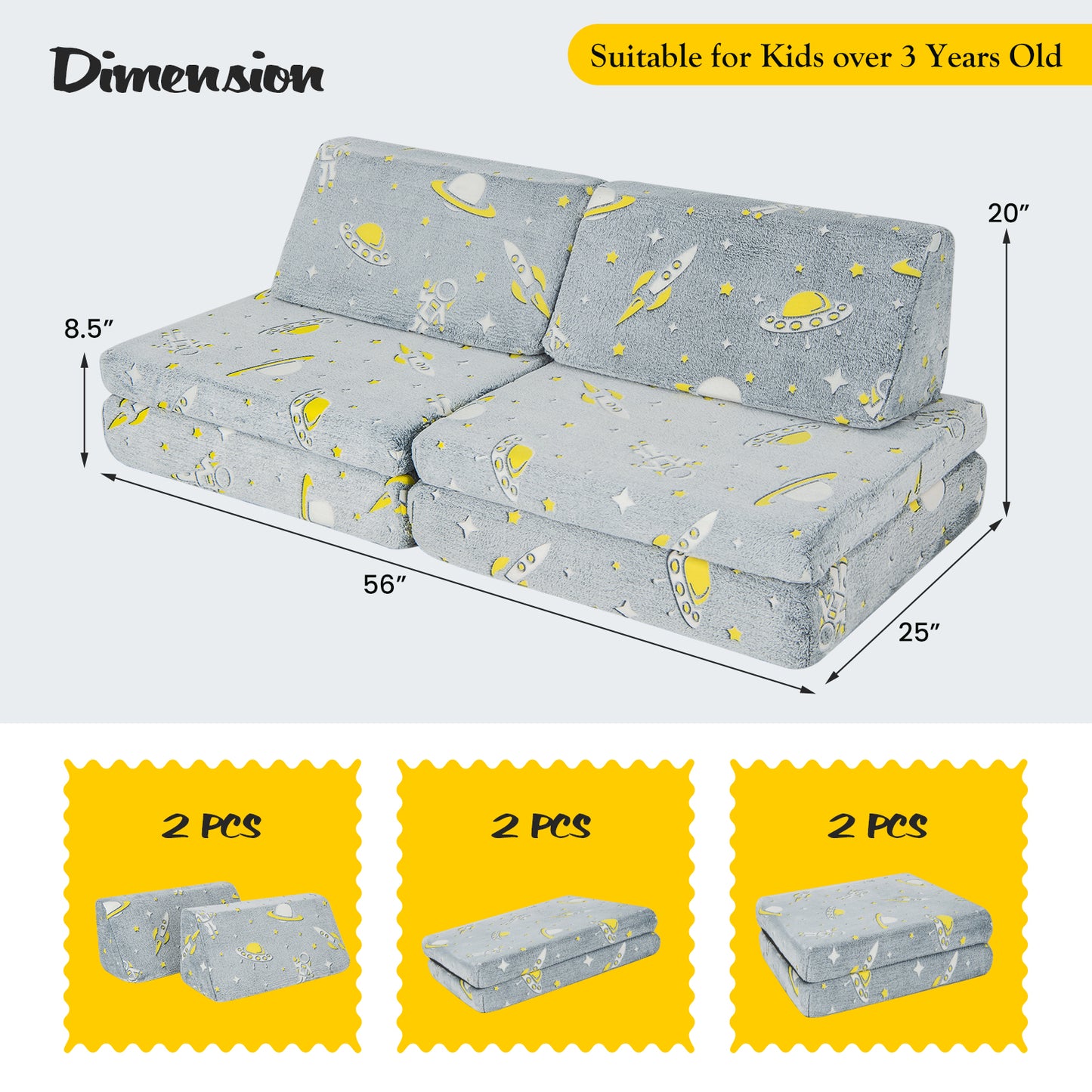 Kids Modular Play Couch 6-Piece Set with Glow-in-Dark Feature