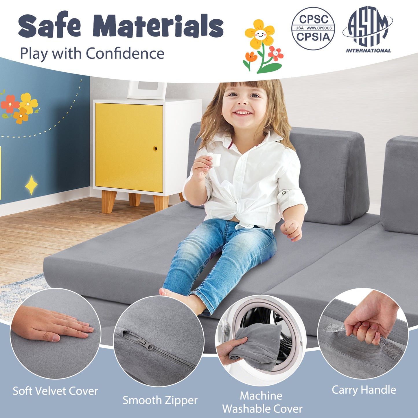 Modular Kids Play Couch Set 6-Piece with Washable Covers