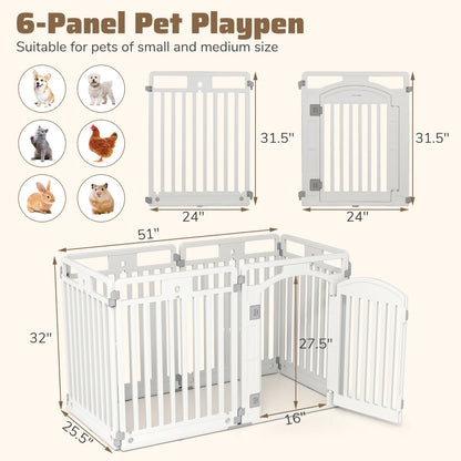6-Panel Tall Dog Playpen Foldable Pet Fence with Locking Door-White