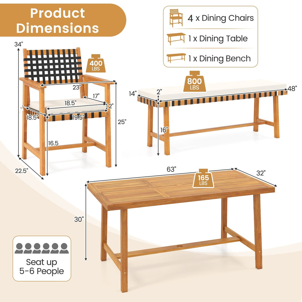6-Piece Patio Dining Set for 5-6 People Farmhouse Furniture