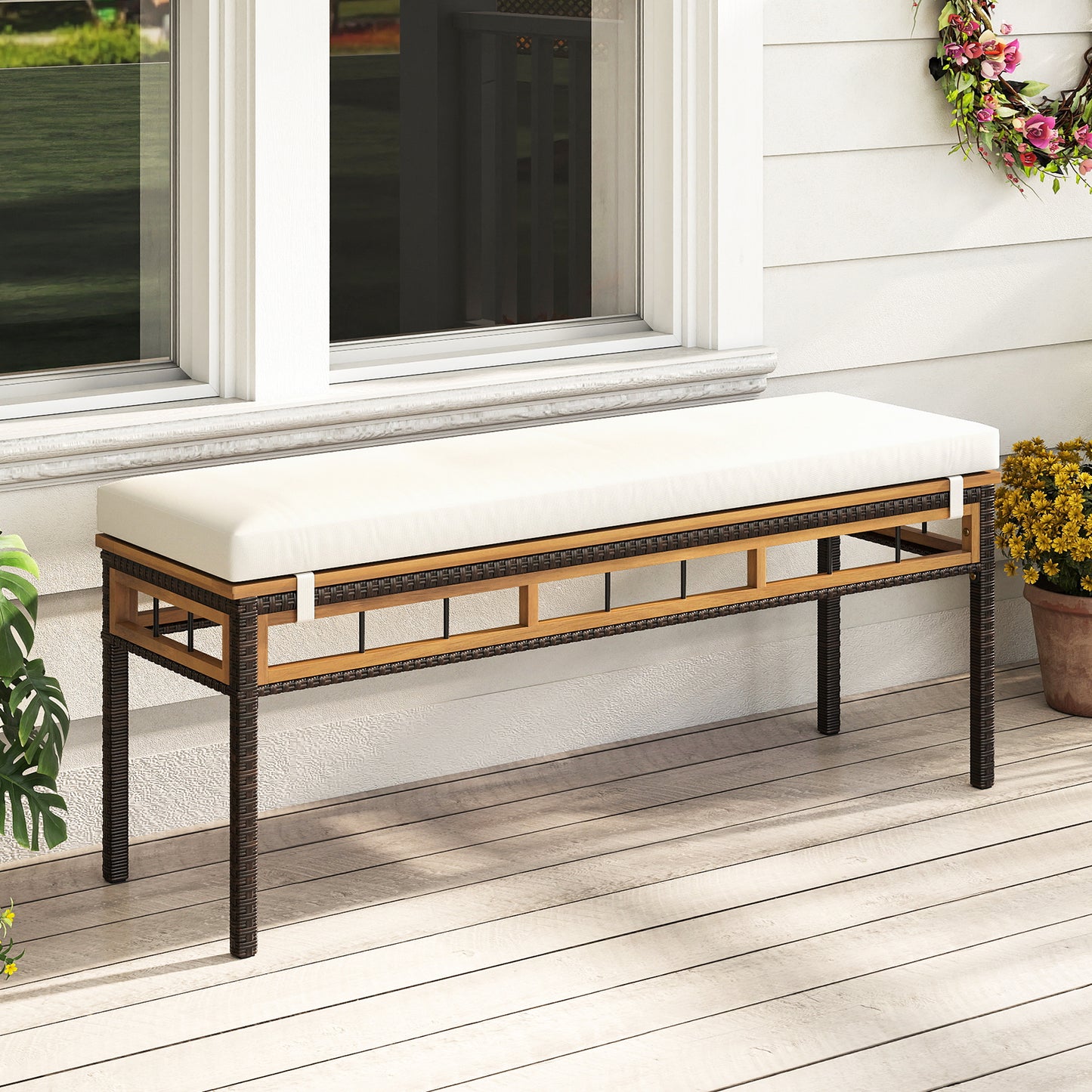 48-Inch Wicker Patio Bench with Acacia Wood Seat for 2 People